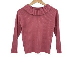 H&M Kids Top, Size 8/10,‎ Long Sleeve Ruffle Collar, Pink with Gold Dots